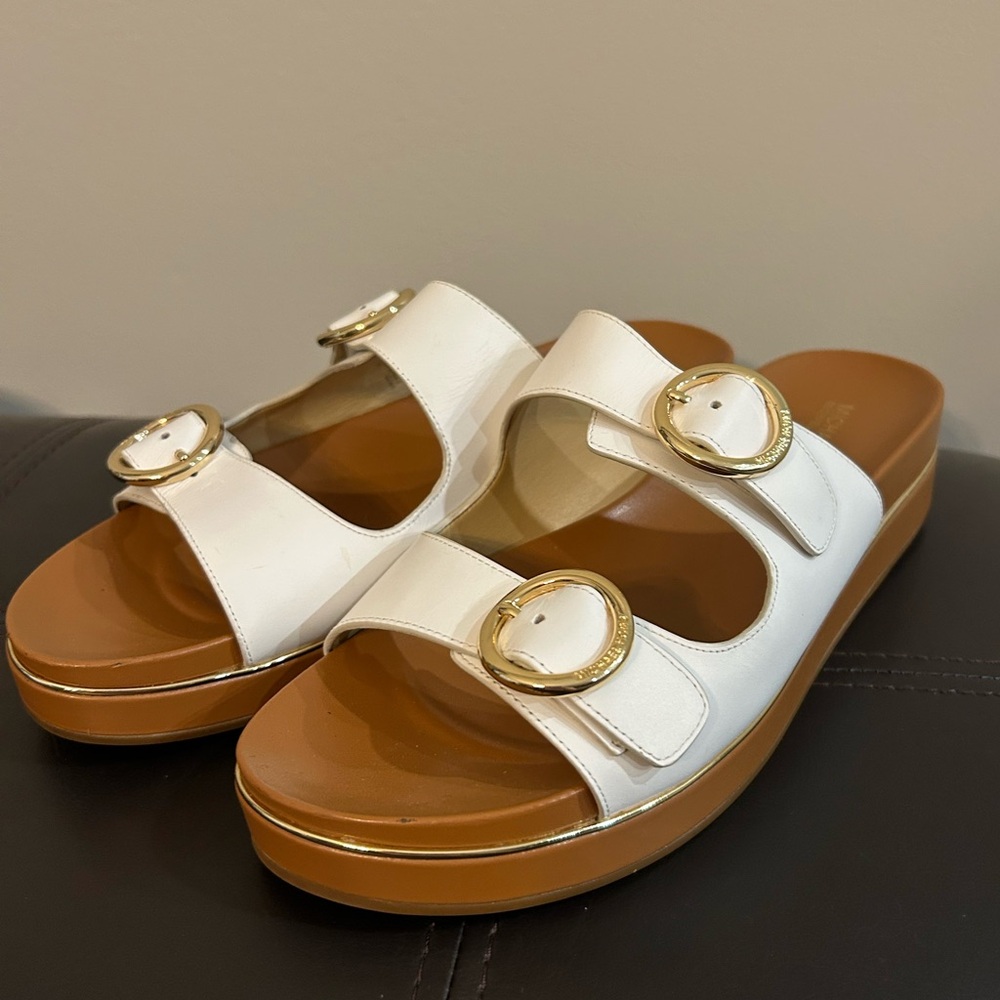 Michael Kors White Sandals with Gold Buckles